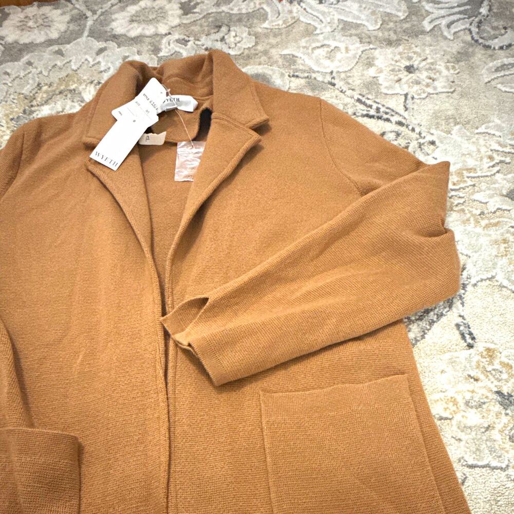 WYETH Deboran Women’s Tan Merino Wool Knit Open Front Blazer Jacket M NEW